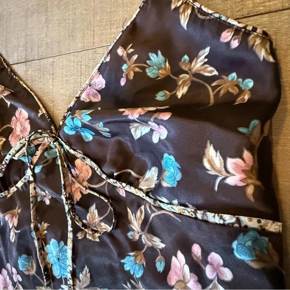 VTG Adonna chocolate Brown Floral satin slip Dress tie front back size large Y2K